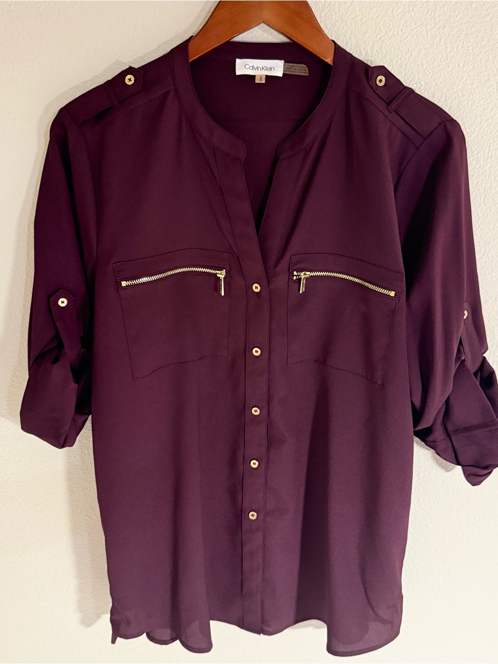 Calvin Klein Women's Plum Button-Front Blouse with Gold Zippers